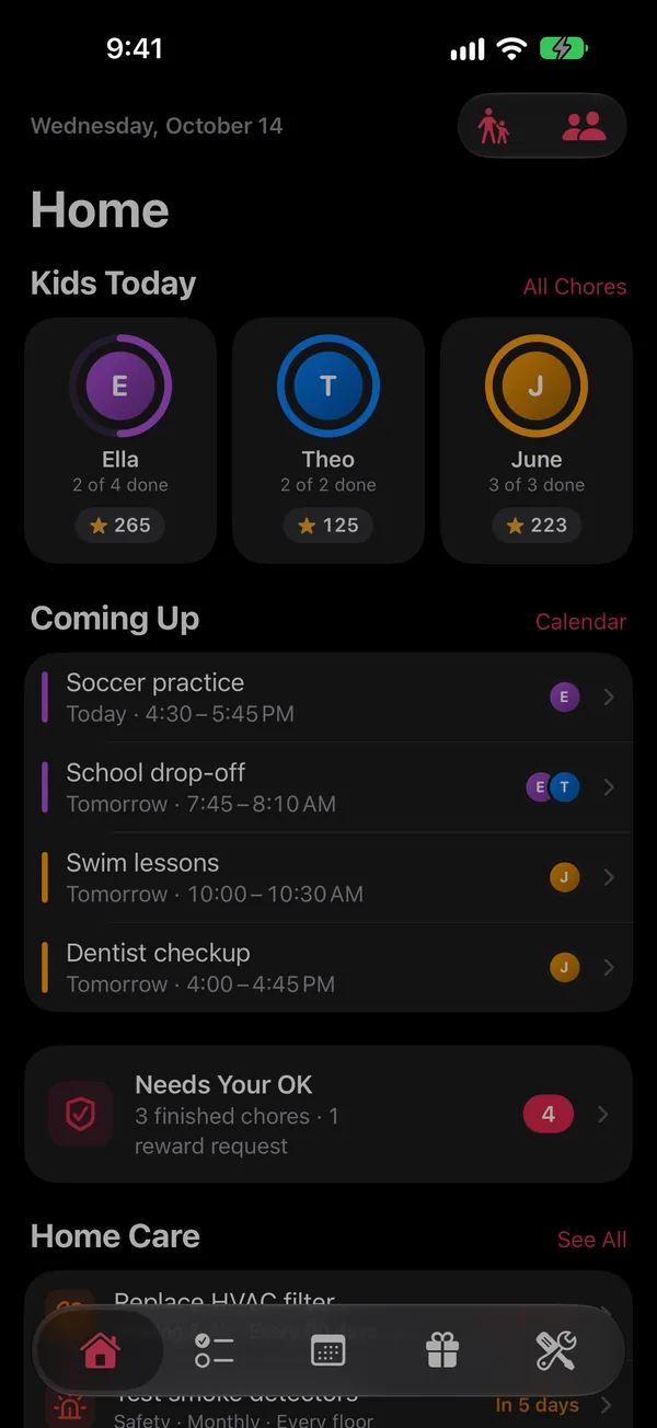Caloma’s Home screen with each kid’s chore ring, what’s coming up and what needs your OK